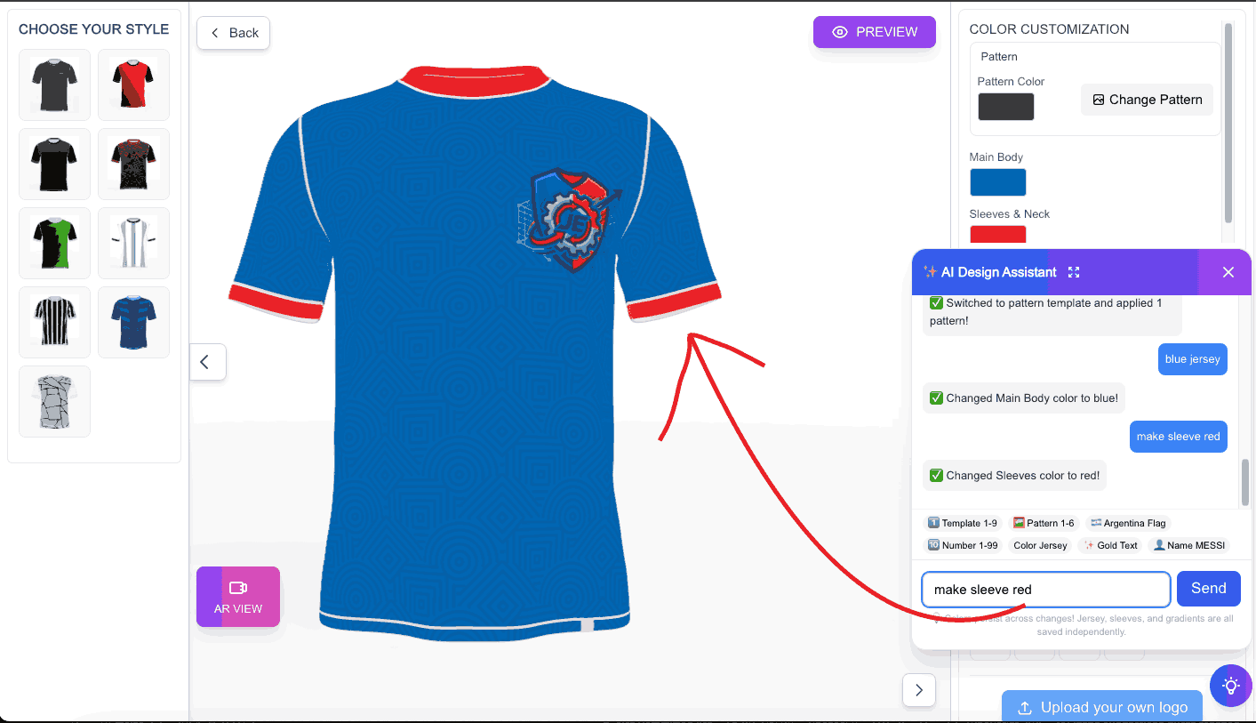 AI Agent interface showing real-time jersey generation from text prompt