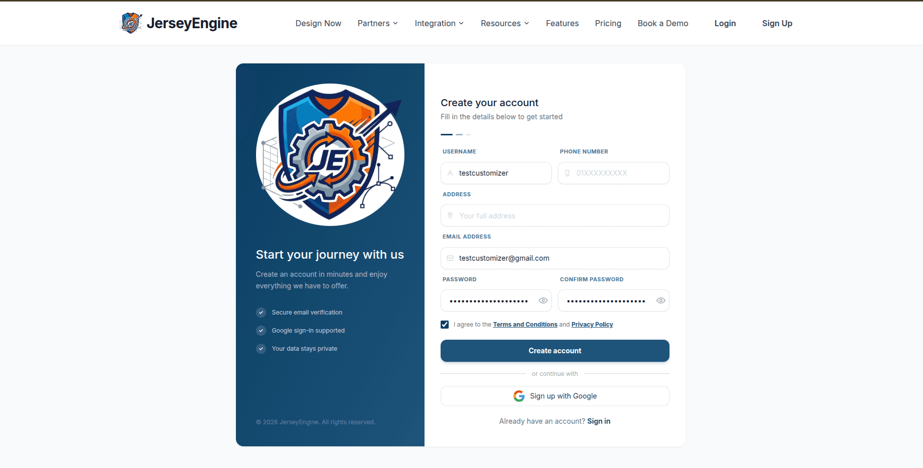 Create a free JerseyEngine account - screenshot 1